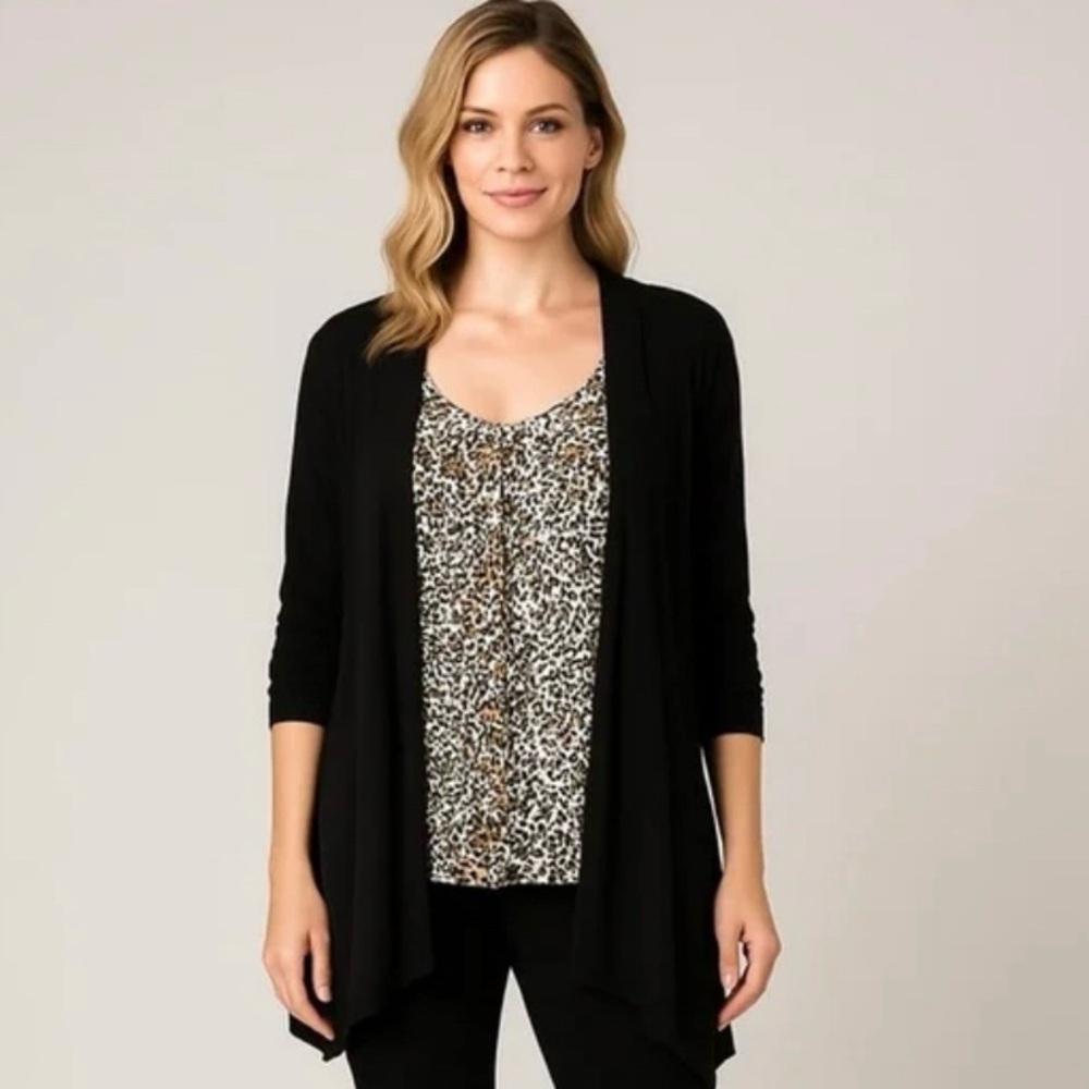 Larry Levine Black Cardigan Leopard Print Tank Set Large